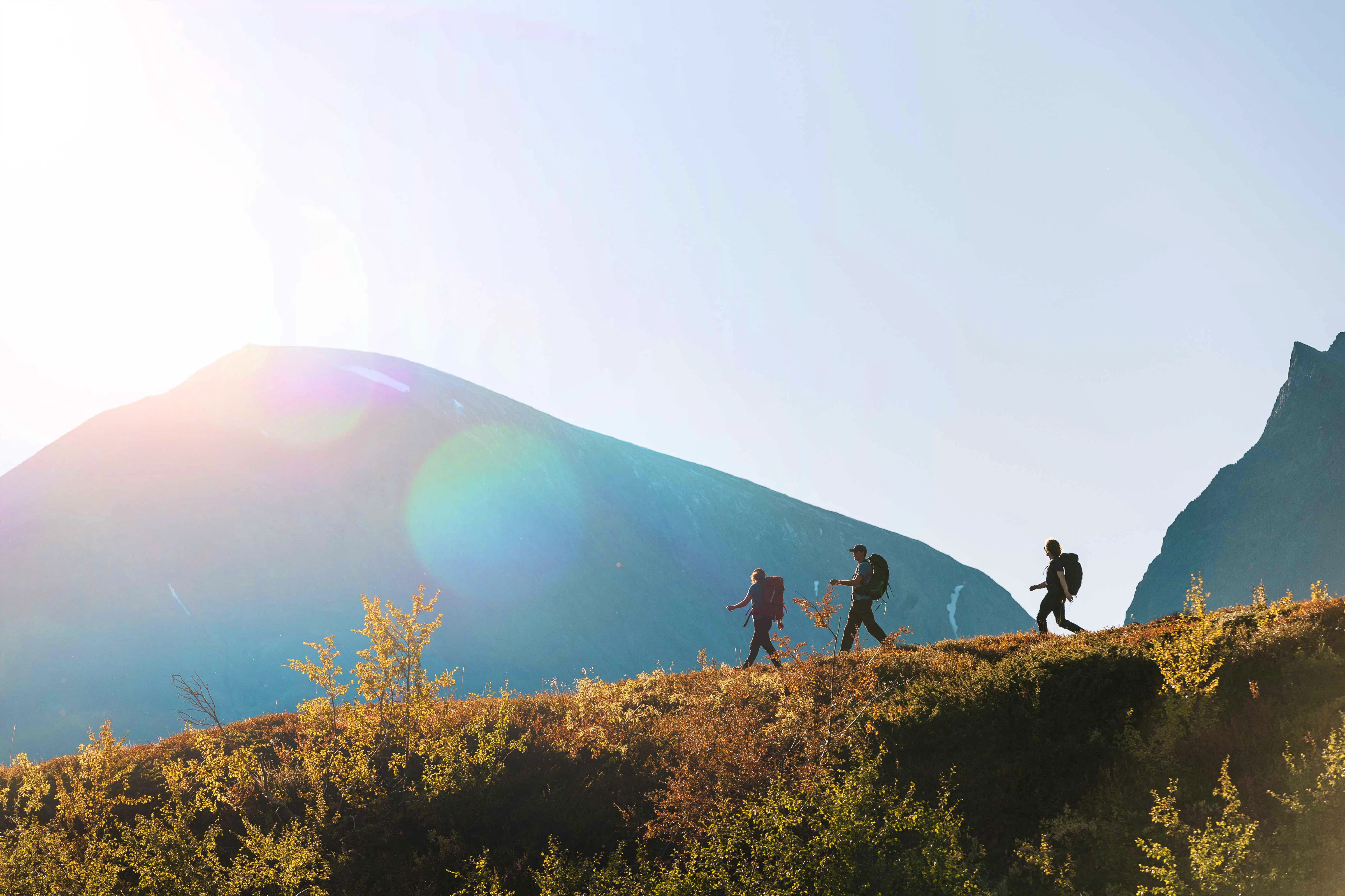 Three hikers walking along a sunlit mountain ridge with mountains in the background.