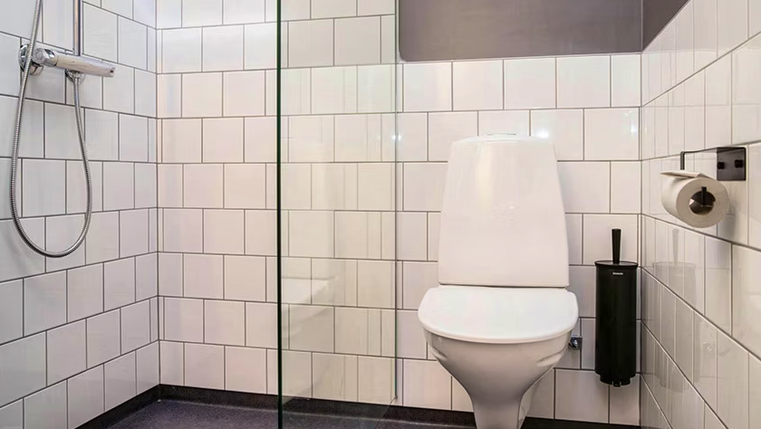 Modern bathroom with a shower, white tiled walls, and a toilet.