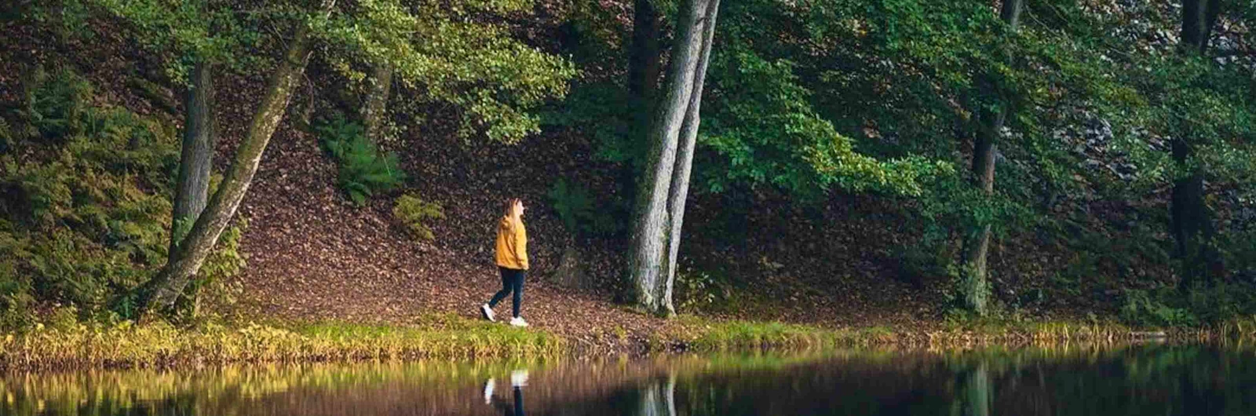 Young woman walking in the forest by the water.