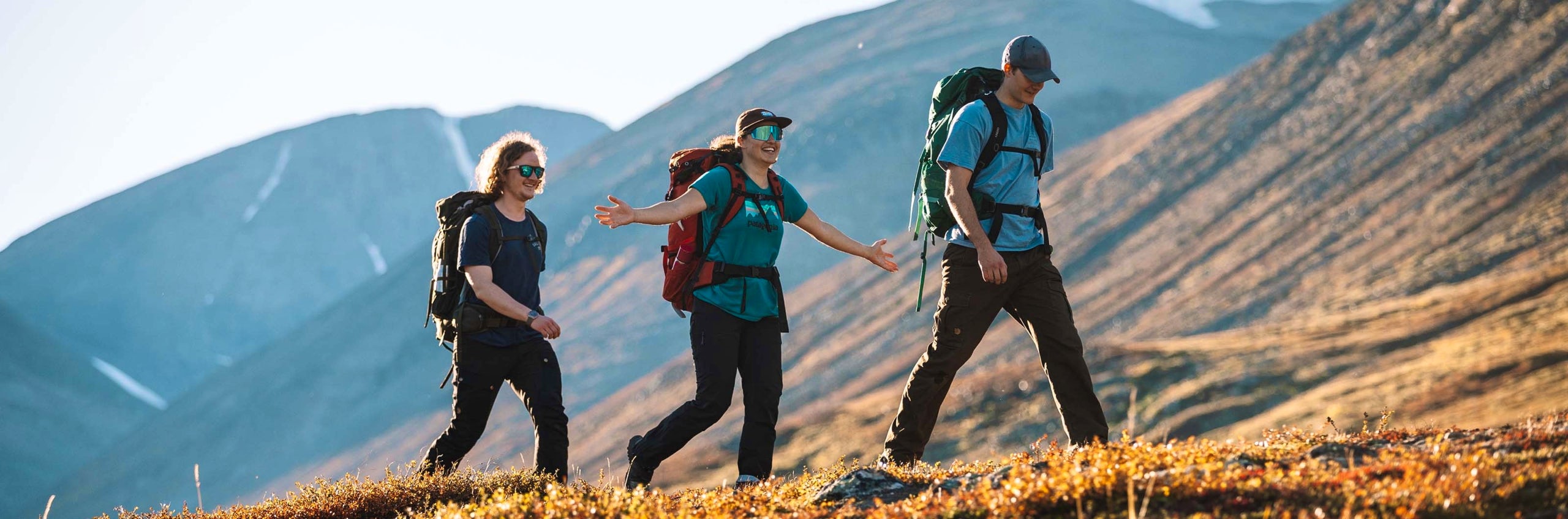 Three persons hiking The Kungsleden Trail in an autumn landscape.