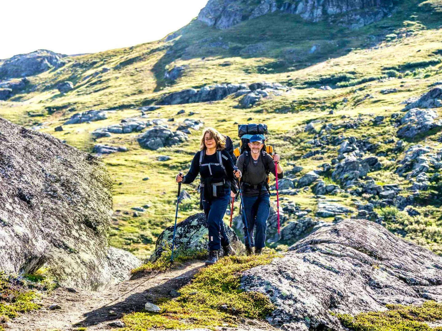 Two hikers with backpacks and trekking poles walking on a trail in a mountainous and green landscape.