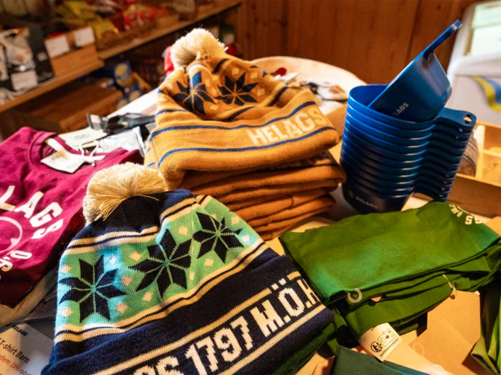 Hats and cups from the shop at Helags Mountain station.